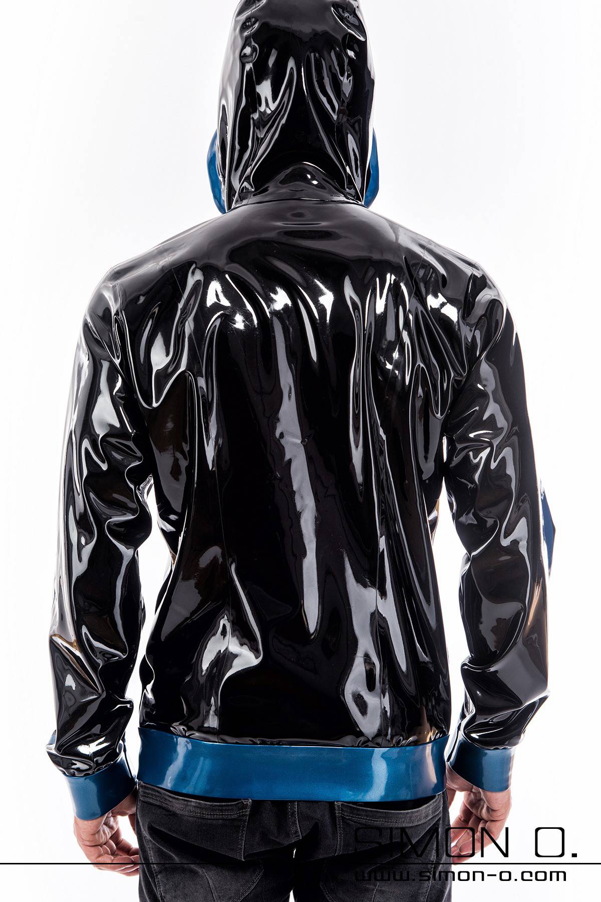 Men's Latex Jacket with Pockets and Hood Latex jacket with pockets and hood in black with blue seen from behind
