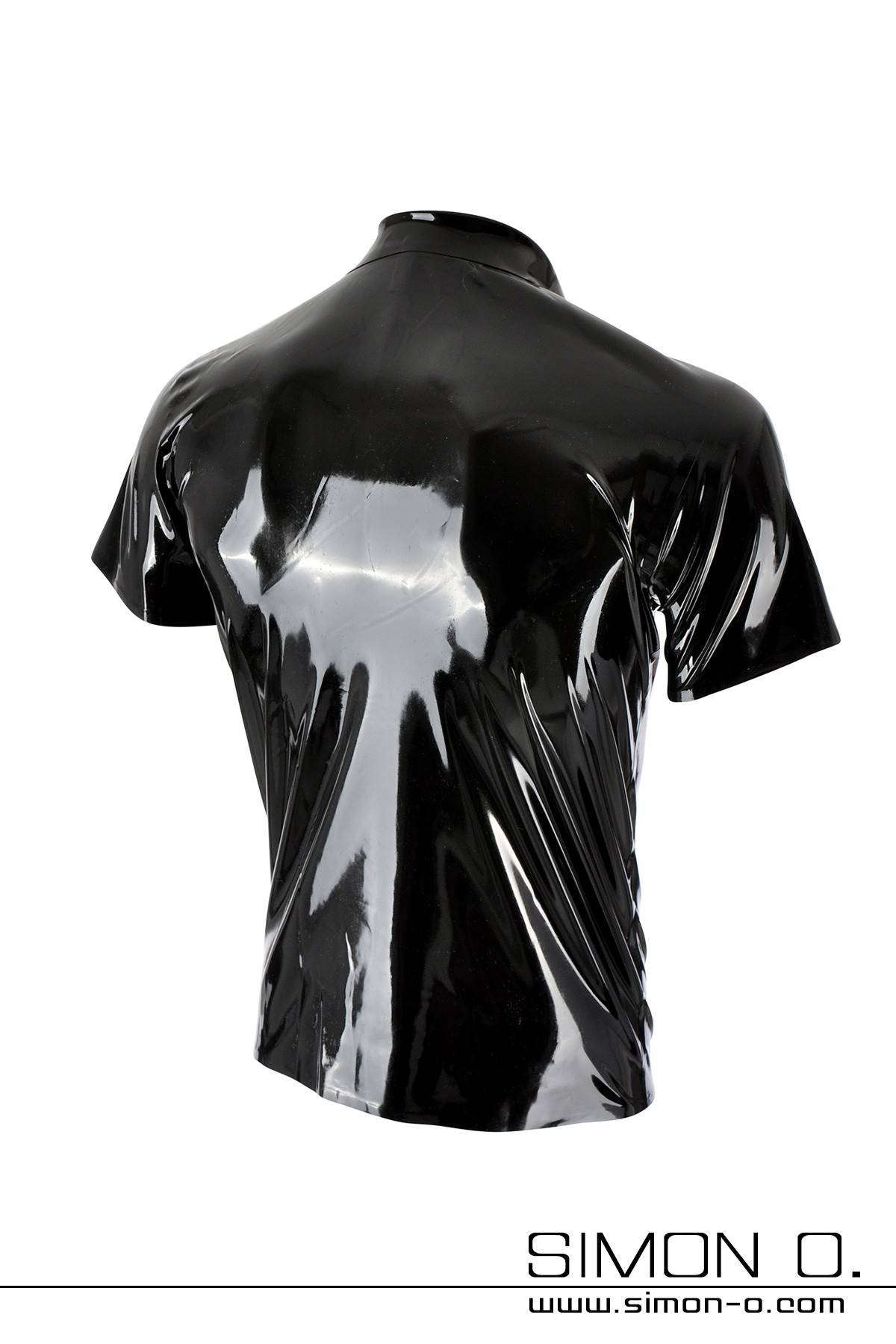 Latex Polo Shirt with Quarter Sleeve - POLO1 A shiny black, short-sleeved latex T-shirt can be seen from behind on a white background.