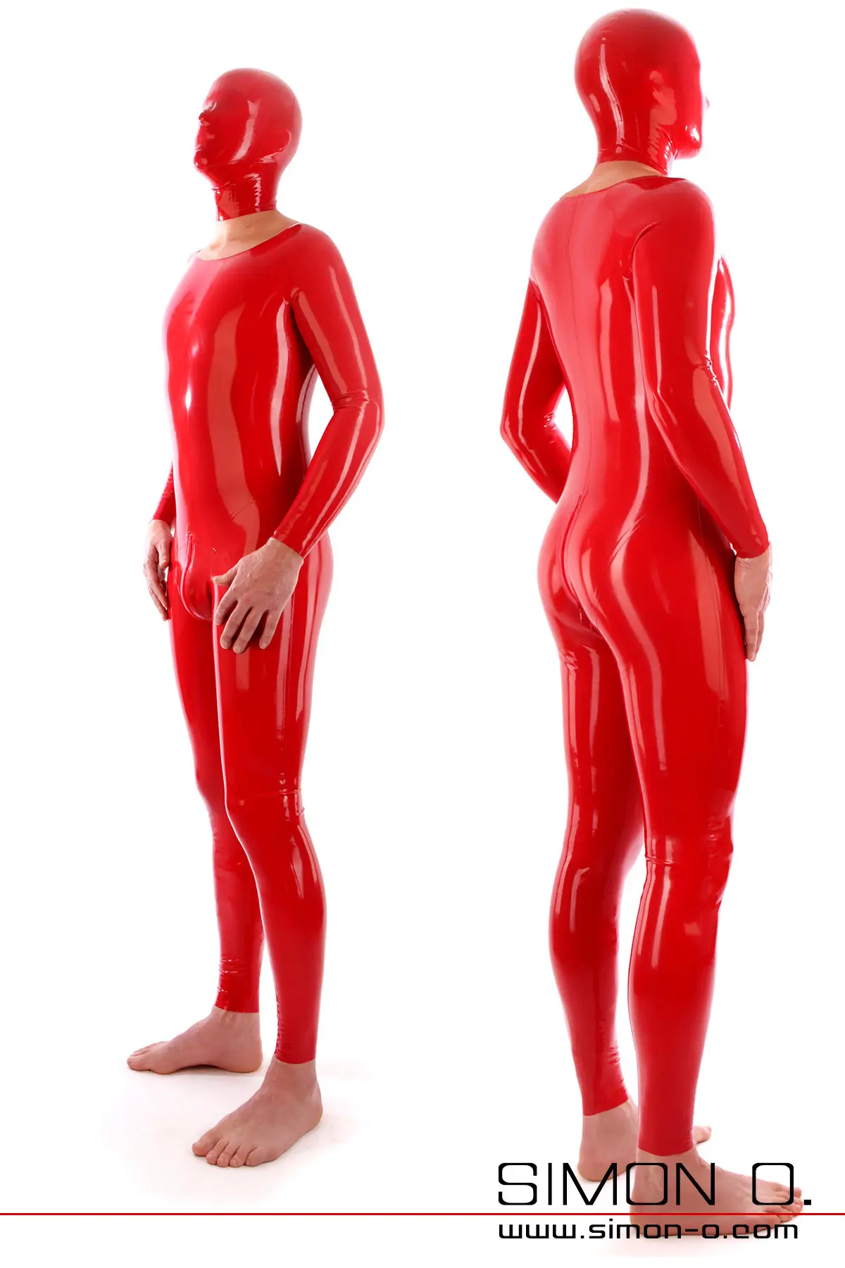 Eine Mann in einem figurbetonten roten Herren-Latex-Catsuit mit Latex Maske. Zwei Dartsellungen jeweils seitlich von vorne und von hinten.