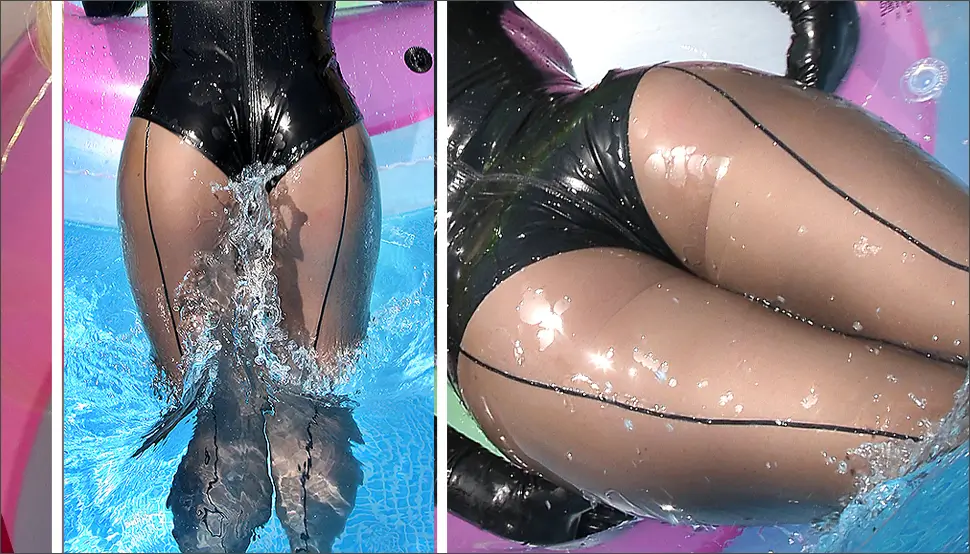 Wetlook latex clothing in the pool A person in wet-look latex clothing, wearing a black bodysuit and sheer tights, is partially submerged in a pool while water splashes around her legs and hips.