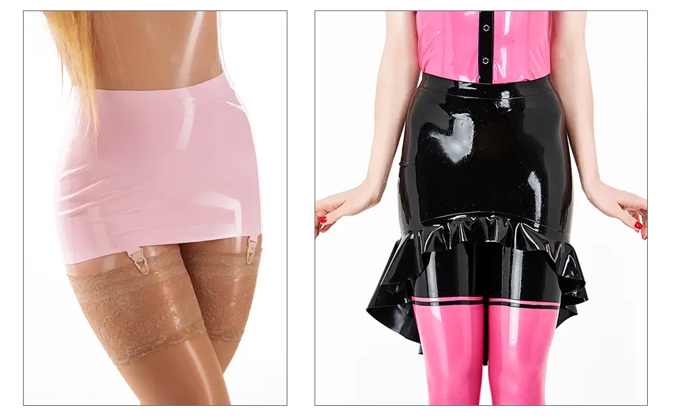 Latex Minirock Vielfalt Zwei Personen präsentieren die Vielfalt des Latex-Minirocks: die eine im rosafarbenen Latex Mini mit Strumpfhaltern und Spitzenstrümpfen, die andere im schwarzen Latex Rüschenrock mit rosafarbenen Latexstrümpfen.