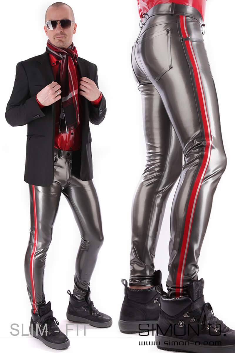 Latex trousers in anthracite Slim fit latex trousers for men with contrasting coloured side stripes. The trousers are metallic anthracite and have a shiny surface.