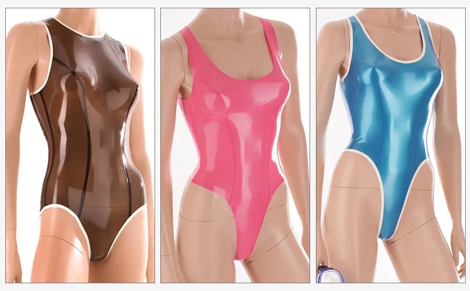 Drei Latex Bodys in vielen Farben- schwarz transparent, pink und metallic blau