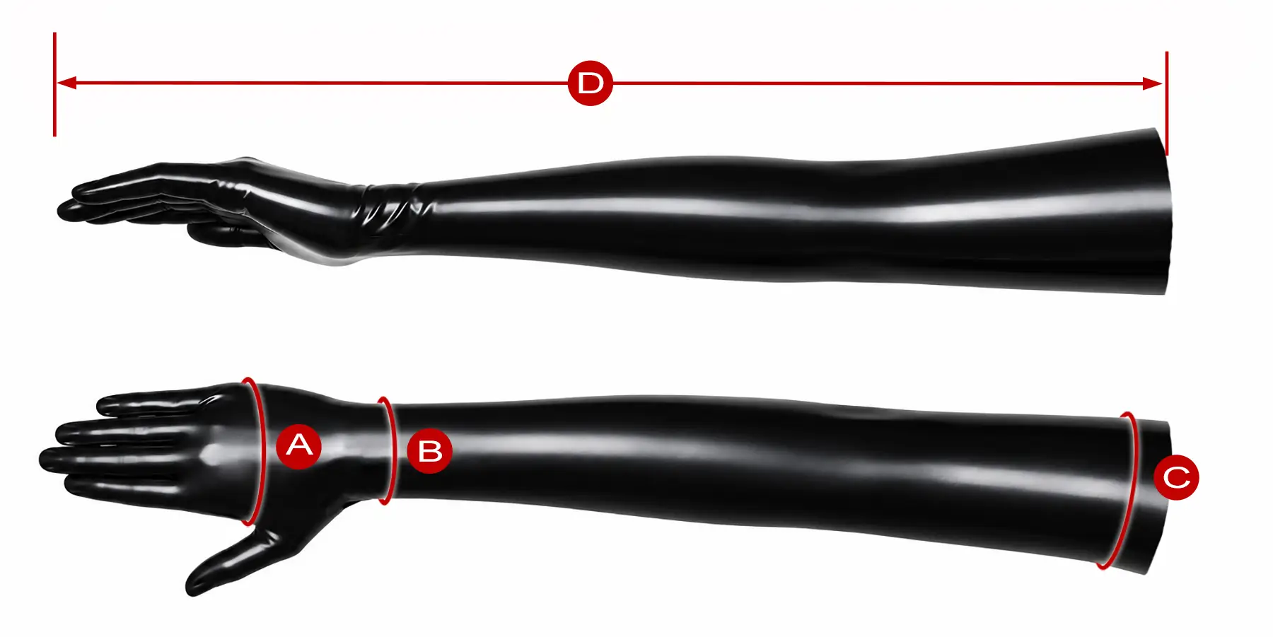 The illustration shows two black latex gloves with four measurement points marked on them: around the thumb (A), on the palm (B), on the upper arm (C) and the length from the fingertip to the upper arm (D).