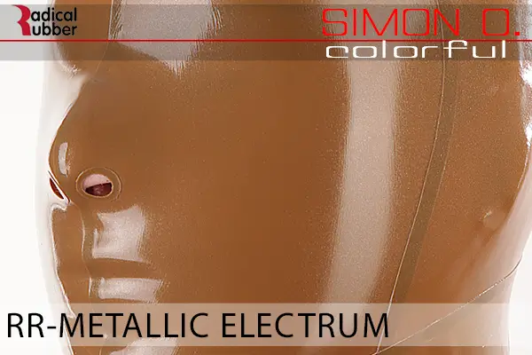 Metallic Electrum Latex Farbmuster Metallic Electrum für Latexkleidung. Nahaufnahme einer Latexmaske. Der Text lautet „Radical Rubber“ und „Simon O. Colourful RR-Metallic Electrum“.