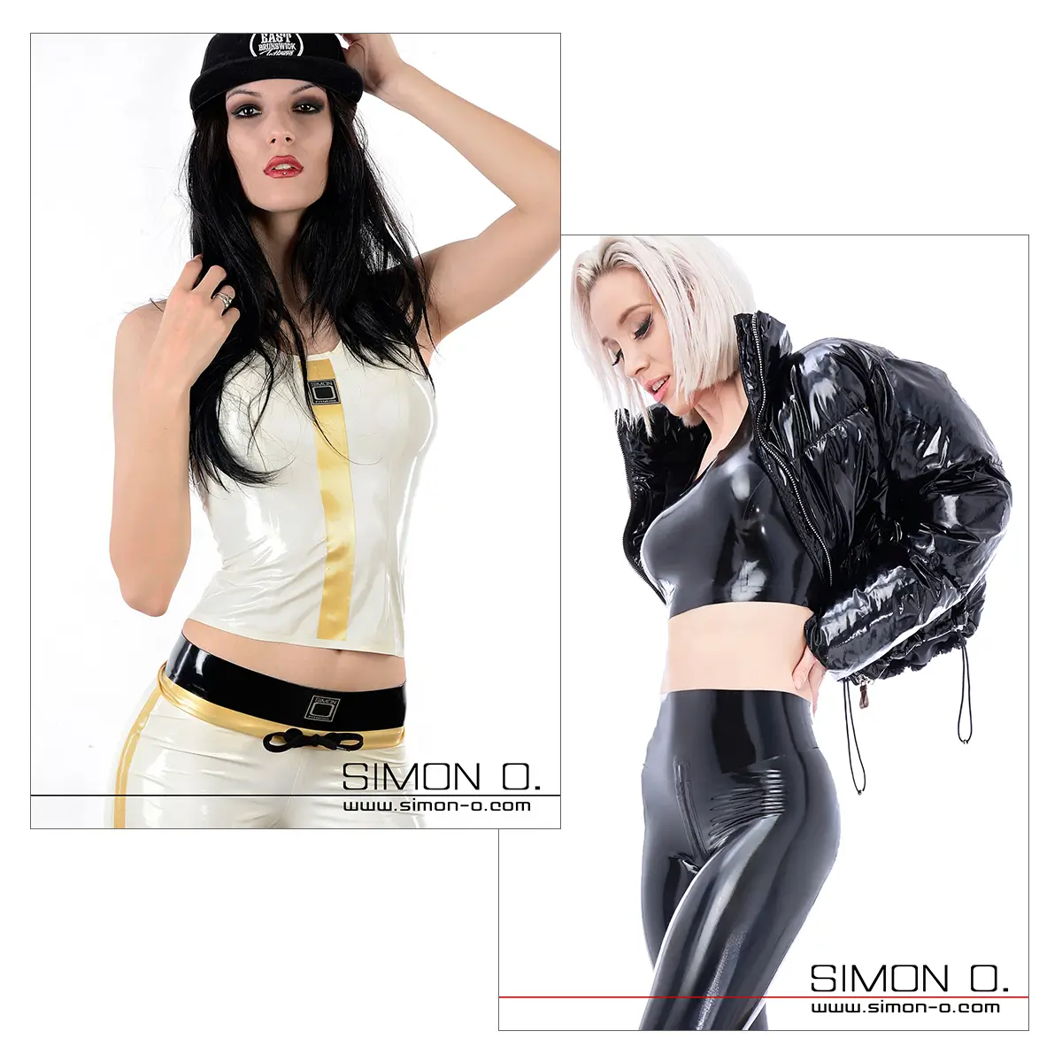 Damen Latex Oberteile Zwei Frauen in glänzenden Latex Oberteilen: eine in einem weißen ärmellosen Look, die andere in einer schwarzen Hose, einem Latex-Oberteil kombiniert mit einer glänzenden Pufferjacke.