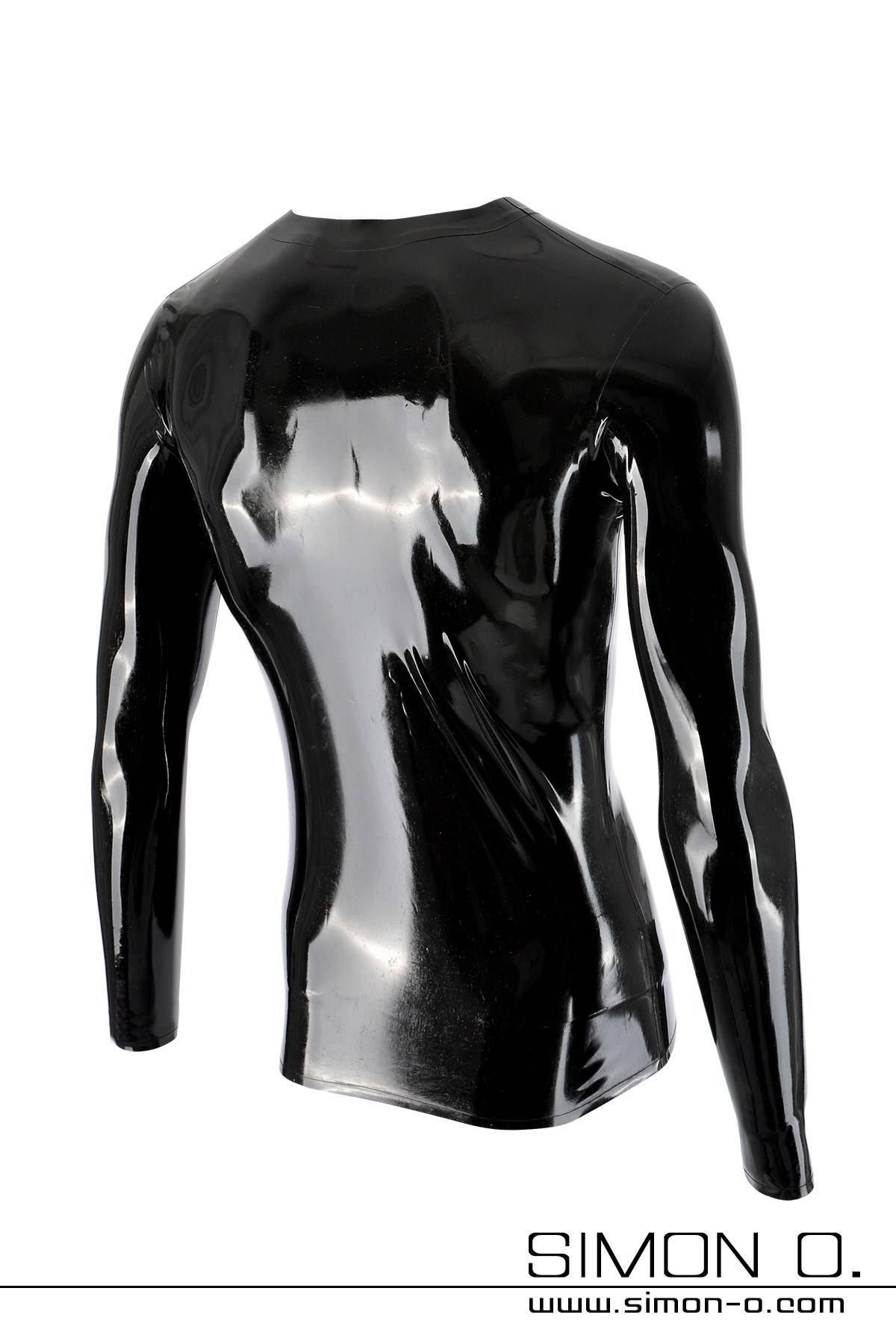 Shiny black long-sleeved latex shirt A shiny black long-sleeved latex shirt presented on the torso of a mannequin, viewed from behind, with the SIMON O. logo and website at the bottom.