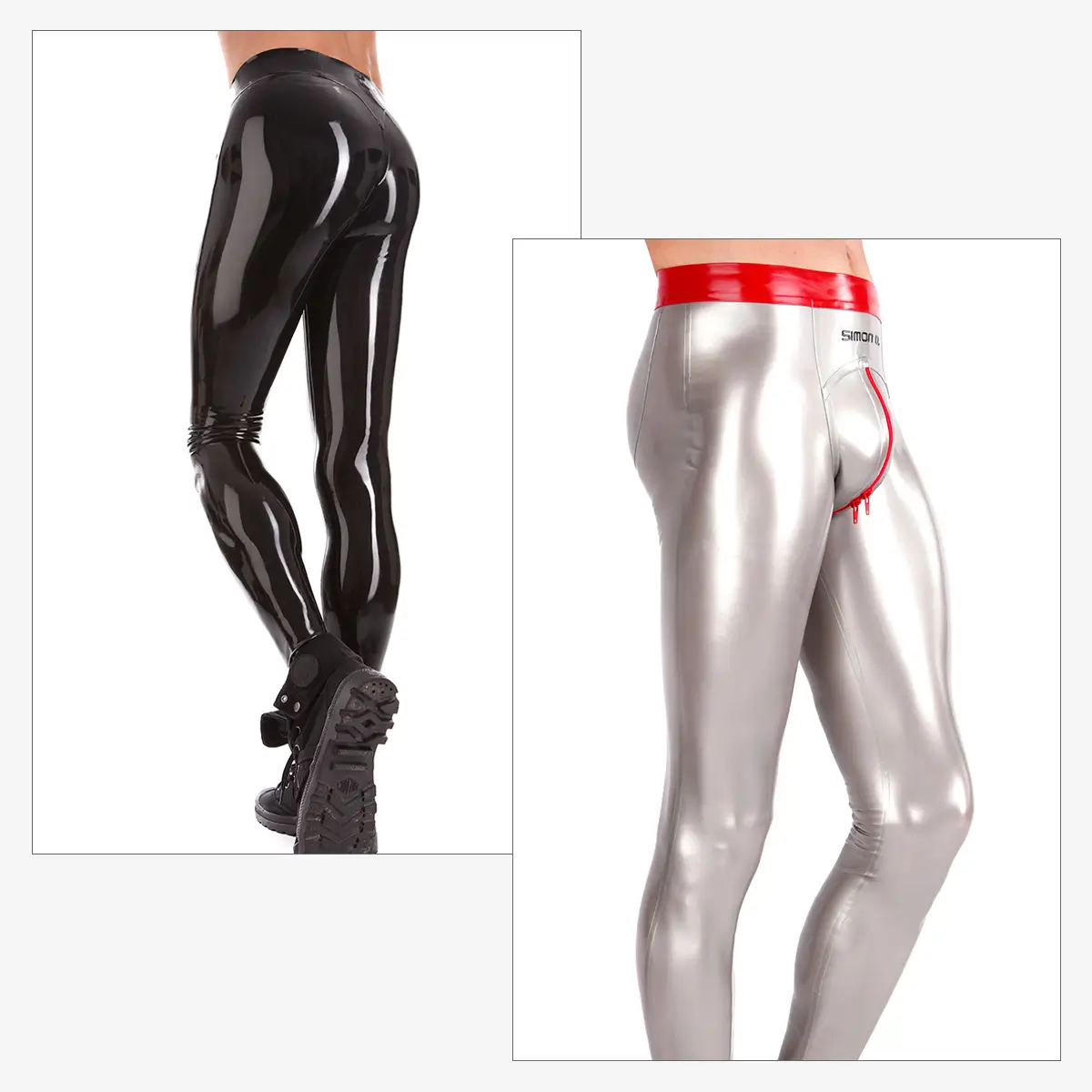 Hautenge Herren Latex Leggings Zwei Personen präsentieren hautenge, glänzende Latex-Leggings für Herren; eine in Schwarz, die andere in Silber mit rotem Bund und Zipp im Schritt