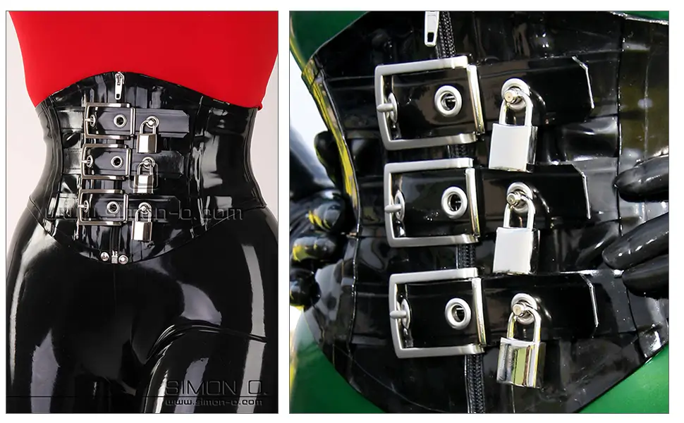 Latex Mieder absperrbar mit Schlössern Ein glänzendes schwarzes Latex-Mieder mit drei absperrbaren Vorhängeschlössern, mit Nahaufnahme der Verschlüsse.