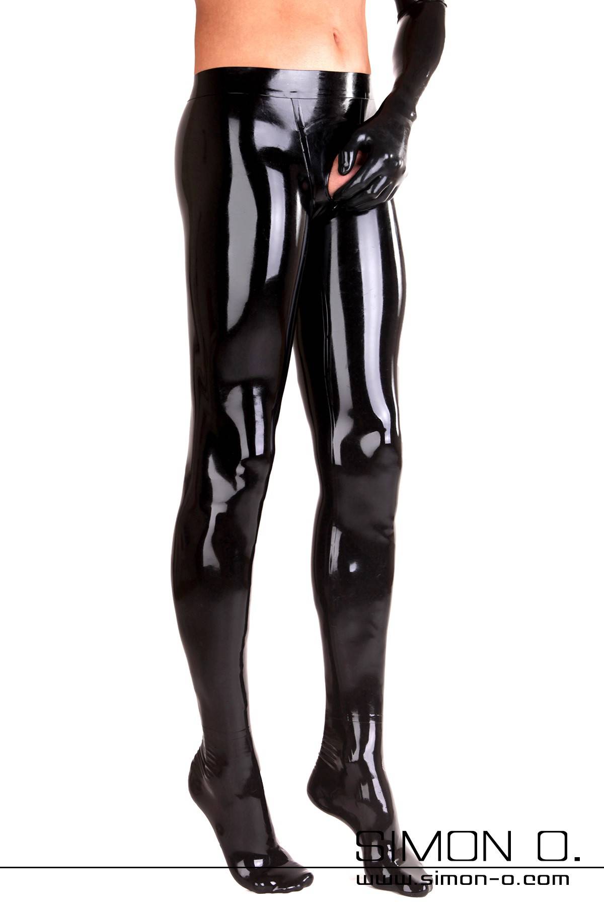 Schwarze Herren Latex Strumpfhose mit Komdom Eine Mann trägt eine glänzende hautenge schwarze Strumpfhose mit Kondom von vorne gesehen.