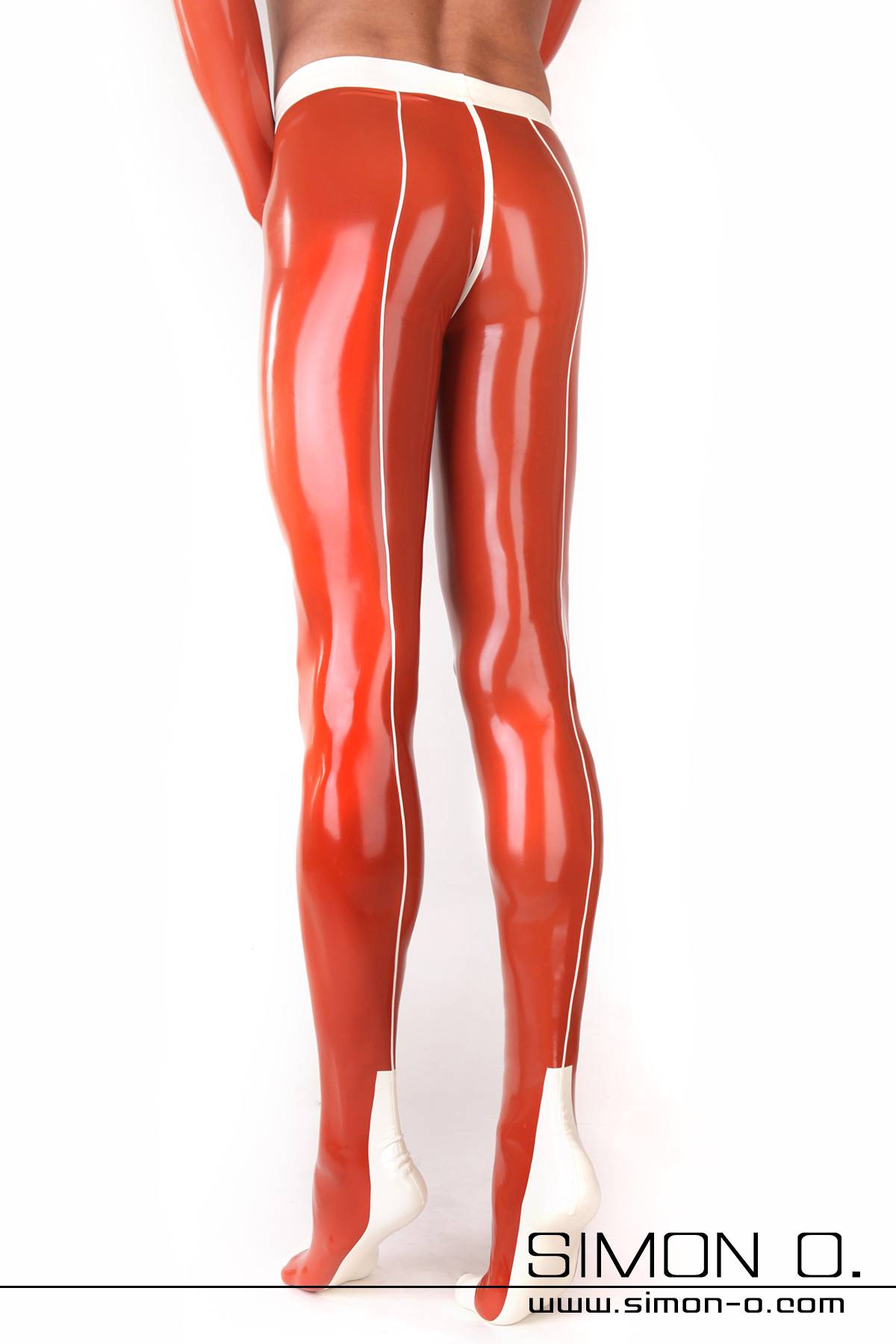 Men's Latex Pantyhose with Back Seam and Condom A man wears red latex tights with a white seam and foot section.