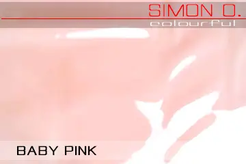 Baby Pink Latex Farbmuster Latex Farbmuster Baby Pink für getauchte Latexkleidung. Der Text auf dem Latexfarbmuster lautet „Simon O. Colourful BABY PINK“.
