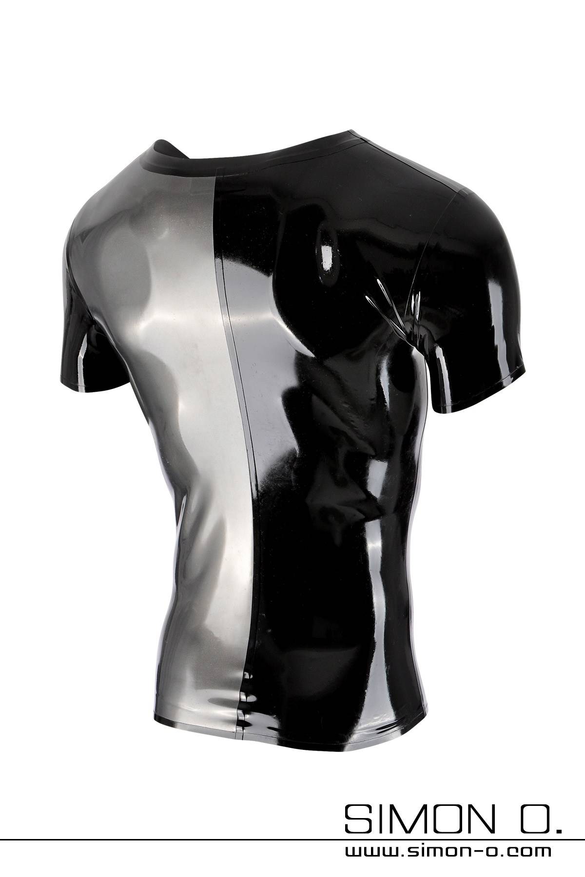 Two coloured short sleeve latex shirt Short sleeve latex shirt two colors with Simon O. logo. One half is metallic silver and the other half is black.