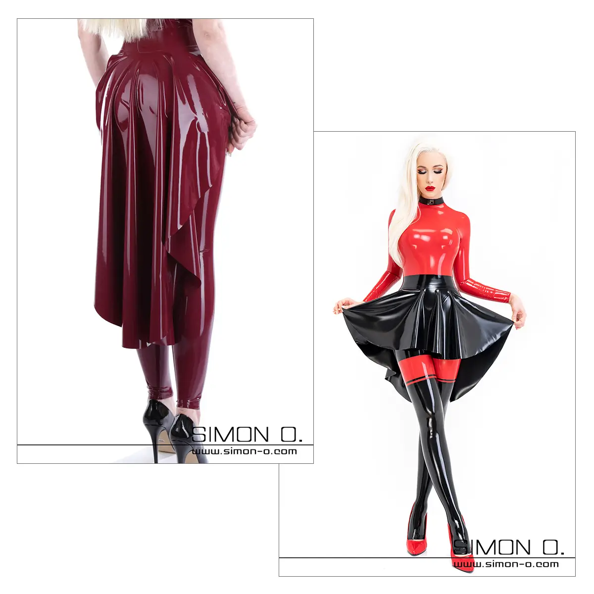 Latex train and circle skirt Two women in latex outfits: one wears a red latex train and high heels, the other a black and red latex catsuit with a black circle skirt over it.