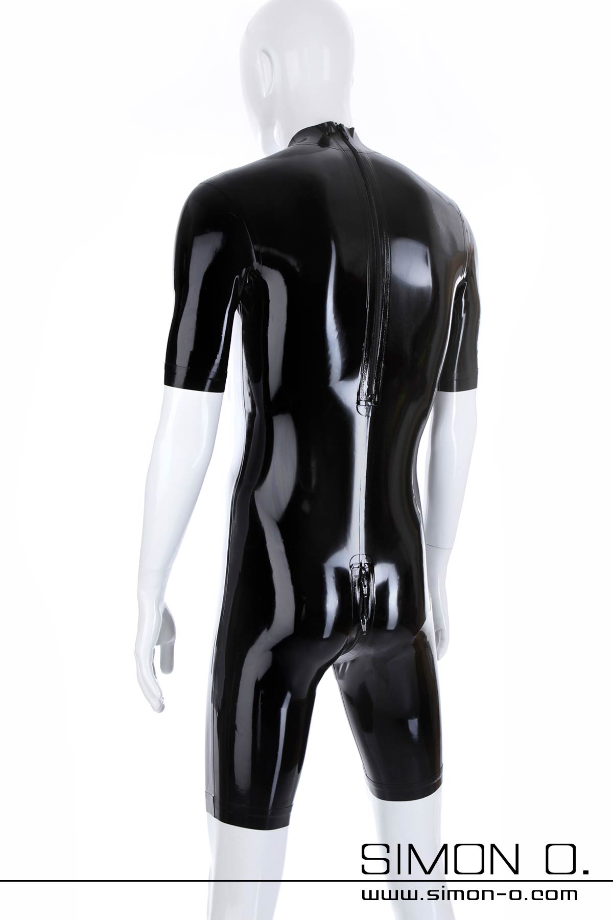 Latex Bodysuit mit Zipp Latex Bodysuit in Schwarz mit kurzen Armen und Beinen von hinten gesehen