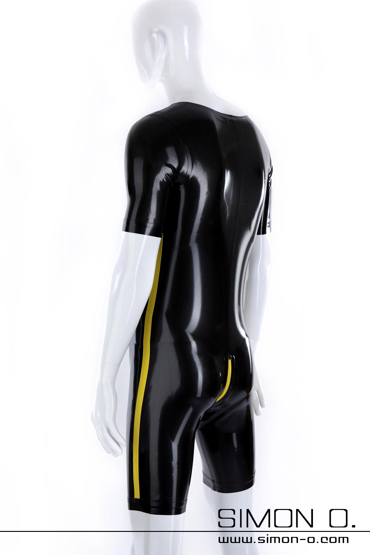 Schwarzer kurzarm Latex Bodysuit Schwarzer kurzarm Latex Bodysuit mit gelben Zipp und gelben seitlichen Streifen