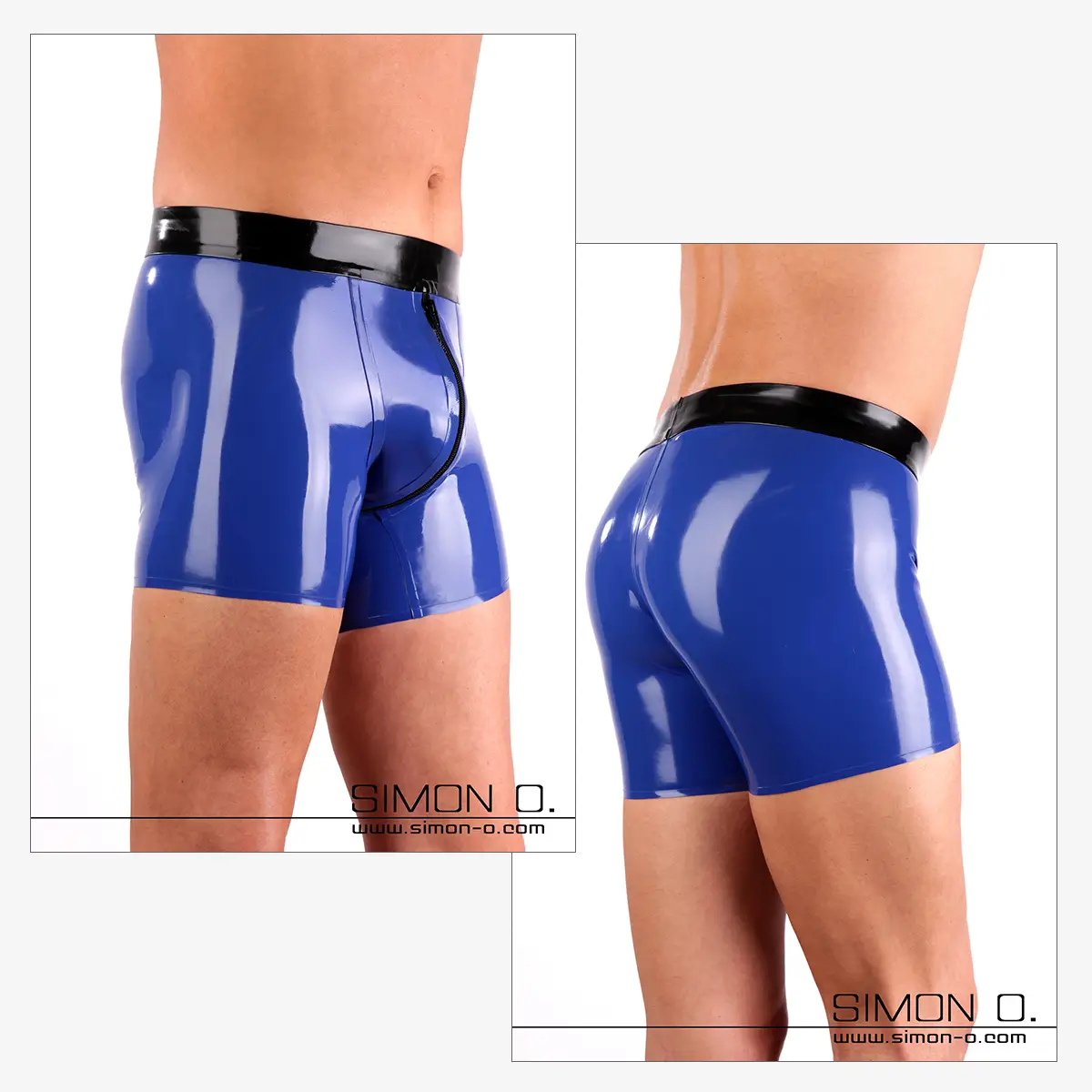 Zwei Ansichten einer Person, die glänzende blaue Latex-Unterhosen-Boxershorts mit schwarzem Bund trägt, gezeigt aus der vorderen linken und hinteren rechten Perspektive.