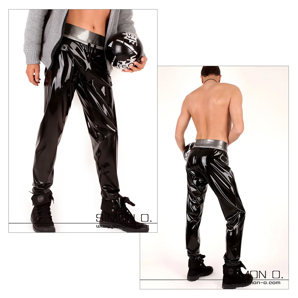 Two pictures show a man in shiny wide latex jogging trousers - seen once from the front and once from behind
