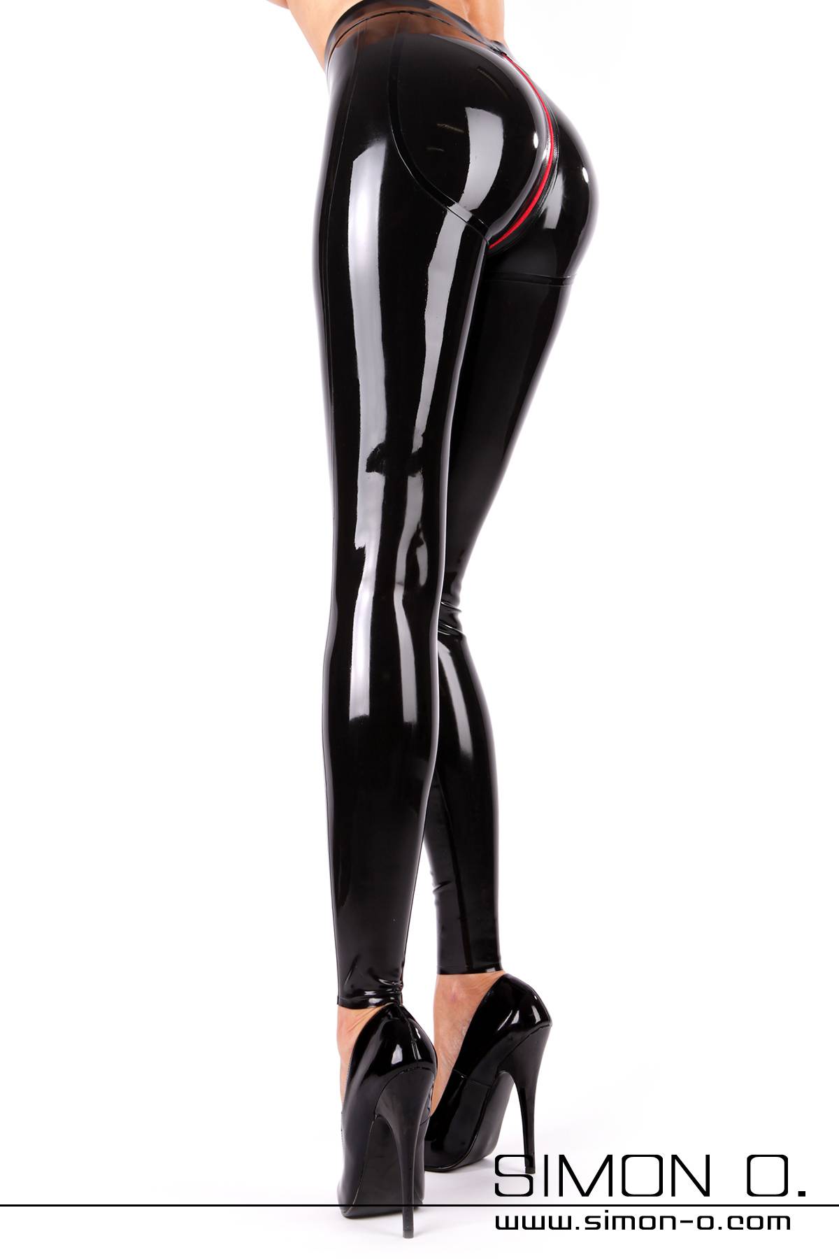 Push up Glanz Leggings mit Zipp im Schritt Schlanke Beine und knackiger Hintern in hautengen Glanz Leggings aus Latex mit einem roten Zipp im Schritt