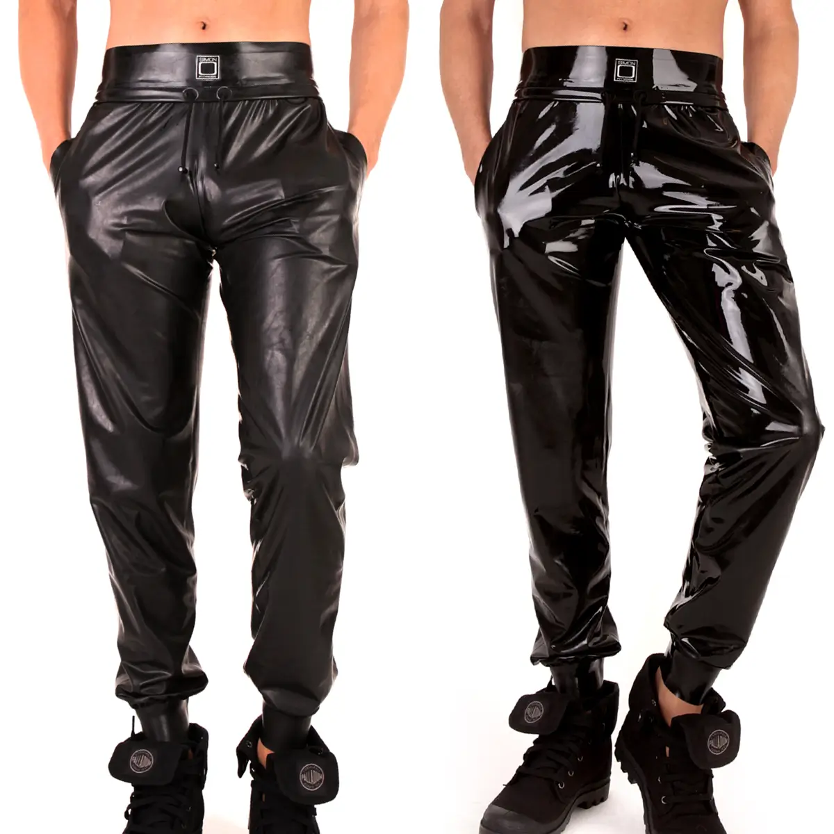 Loose-fitting men's latex jogging trousers in matt chlorinated finish on the left and high-gloss chlorinated finish on the right