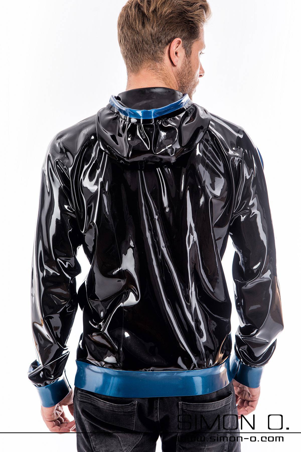 Shine Training Latex Jacket Shiny training latex jacket with pockets and hood in black combined with blue