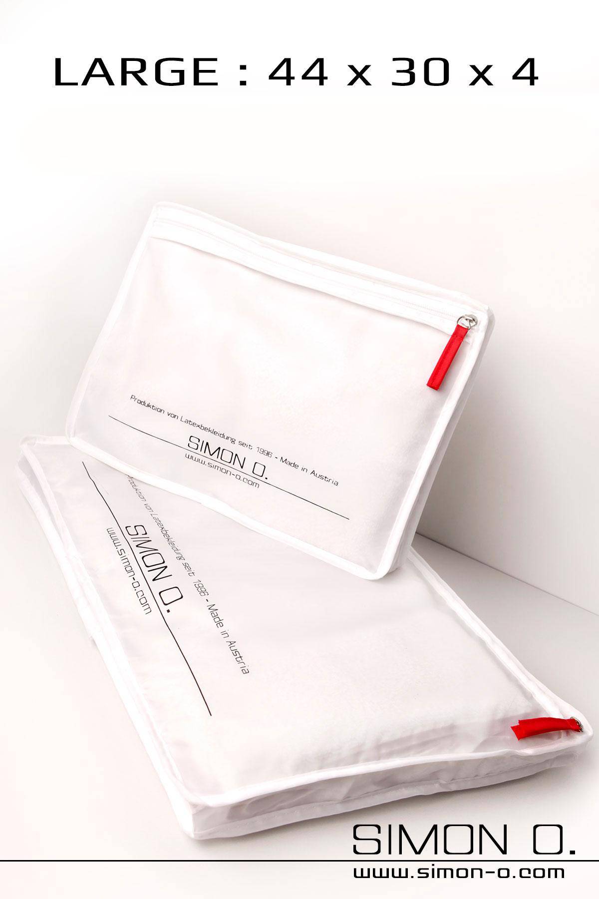 Simon O. Aufbewahrungsbeutel für Latex Kleidung mit Zipp und Logo Aufdruck