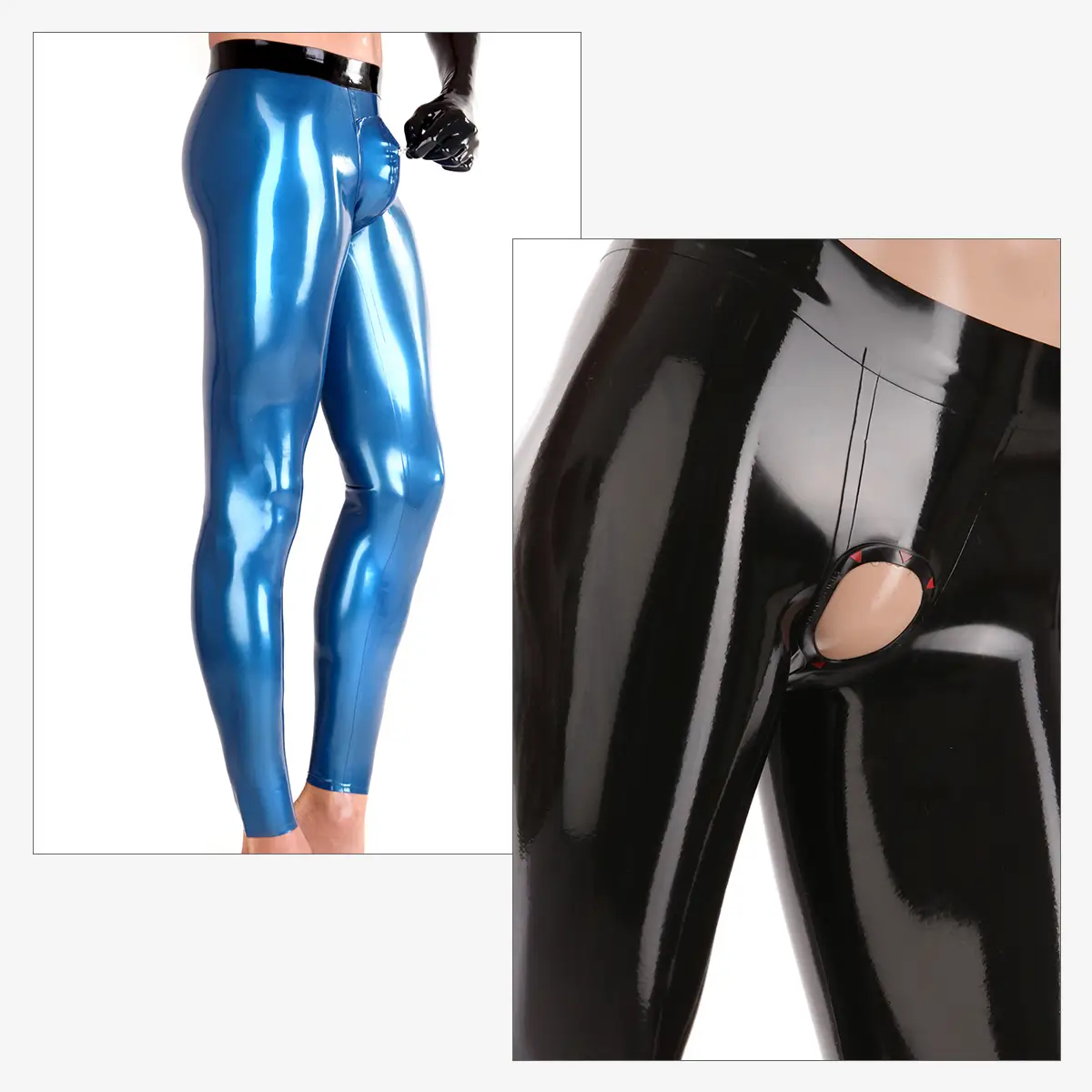 Latex Leggings Herren Schrittvarianten Zwei Bilder zeigen Latex-Leggings für Herren: metallisch blau von der Taille abwärts und schwarz mit einem Schrittvarianten-Detail in Nahaufnahme.