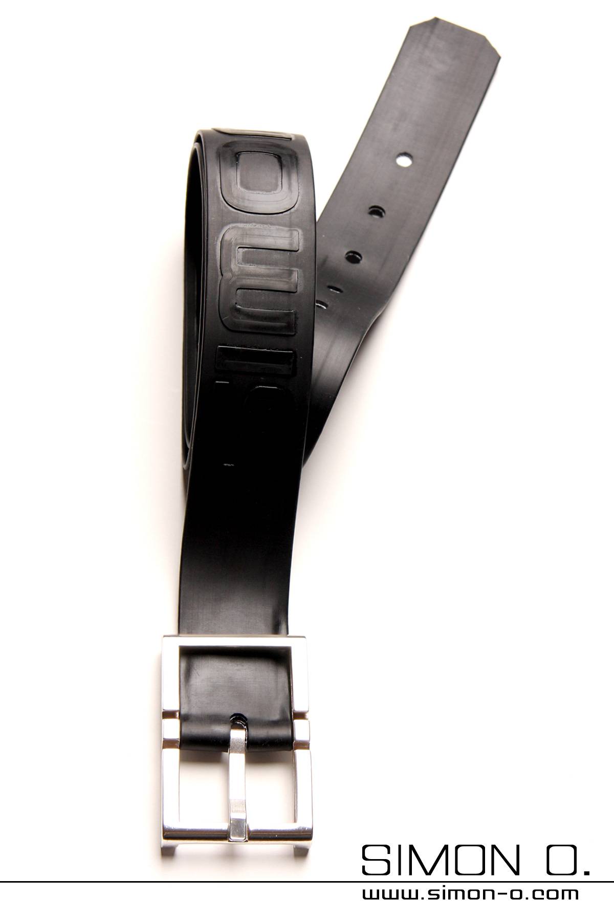 Latex Belt in Black with lettering Black latex belt with SIMON O. lettering