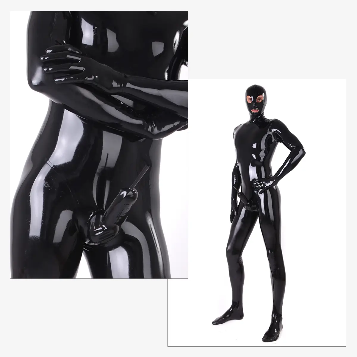 Zentai Latex Catsuit Ein Mann trägt einen engen schwarzen Zentai Latex Catsuit mit Handschuhen Maske Socken und Kondom.