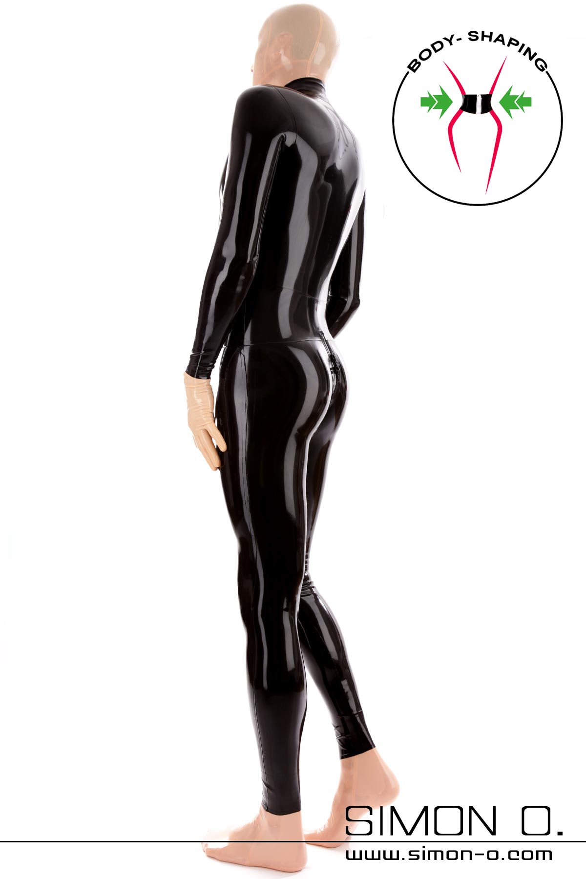 Men's latex catsuit with corset Men's latex catsuit with zip at the crotch and integrated corset in shiny black seen from behind