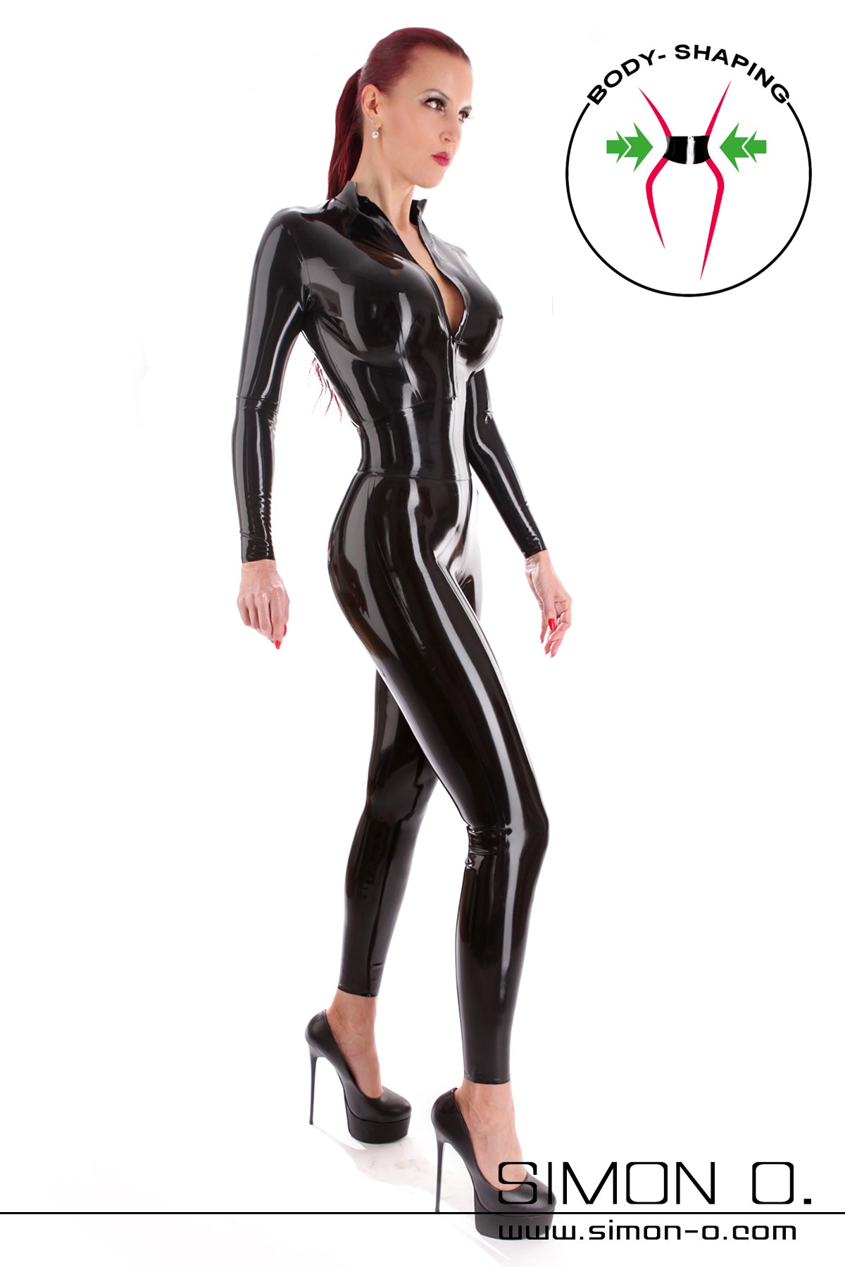 Hautenger Latex Catsuit in Schwarz Hautenger Latex Catsuit mit Zipp vorne und eingearbeiteten Mieder in Schwarz glänzend