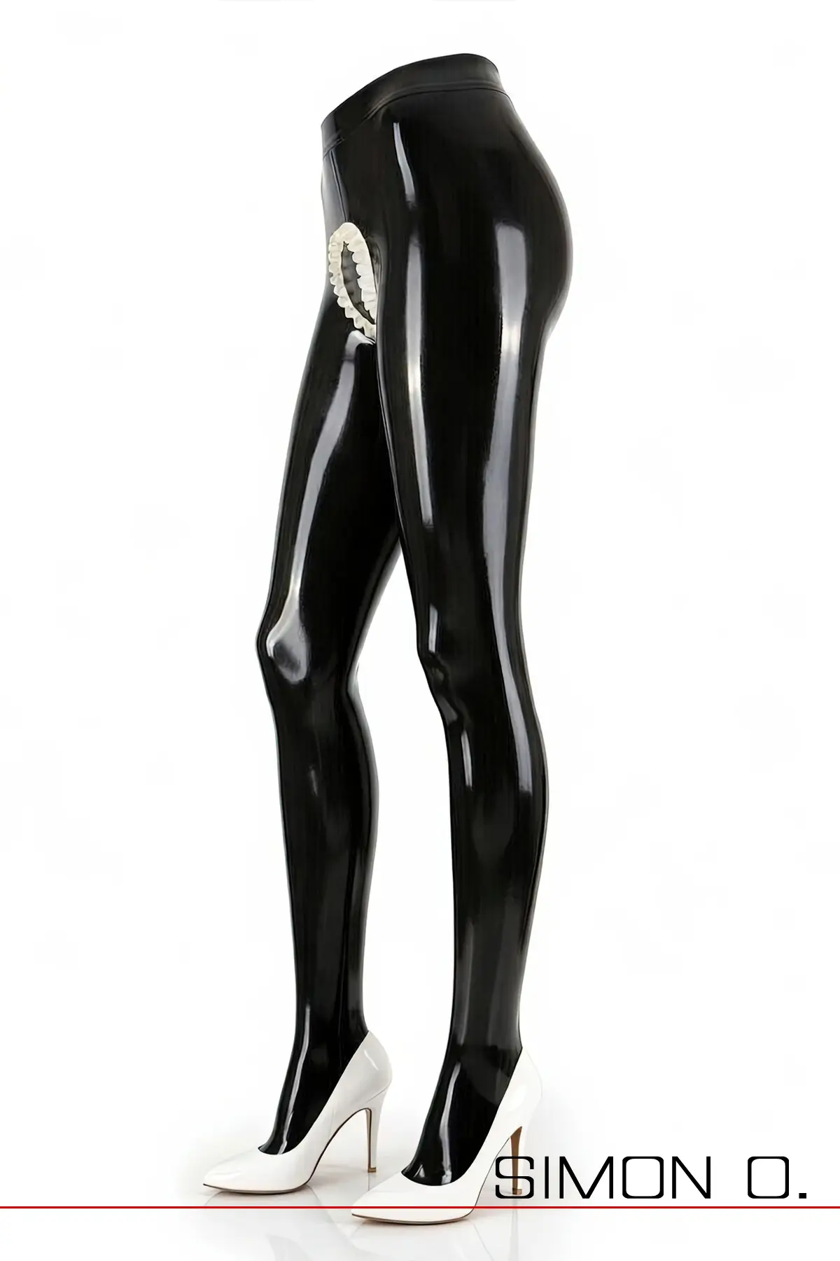 Eine glänzende Latex Strumpfhose mit Schritt offen von vorne und von vorne gesehen.