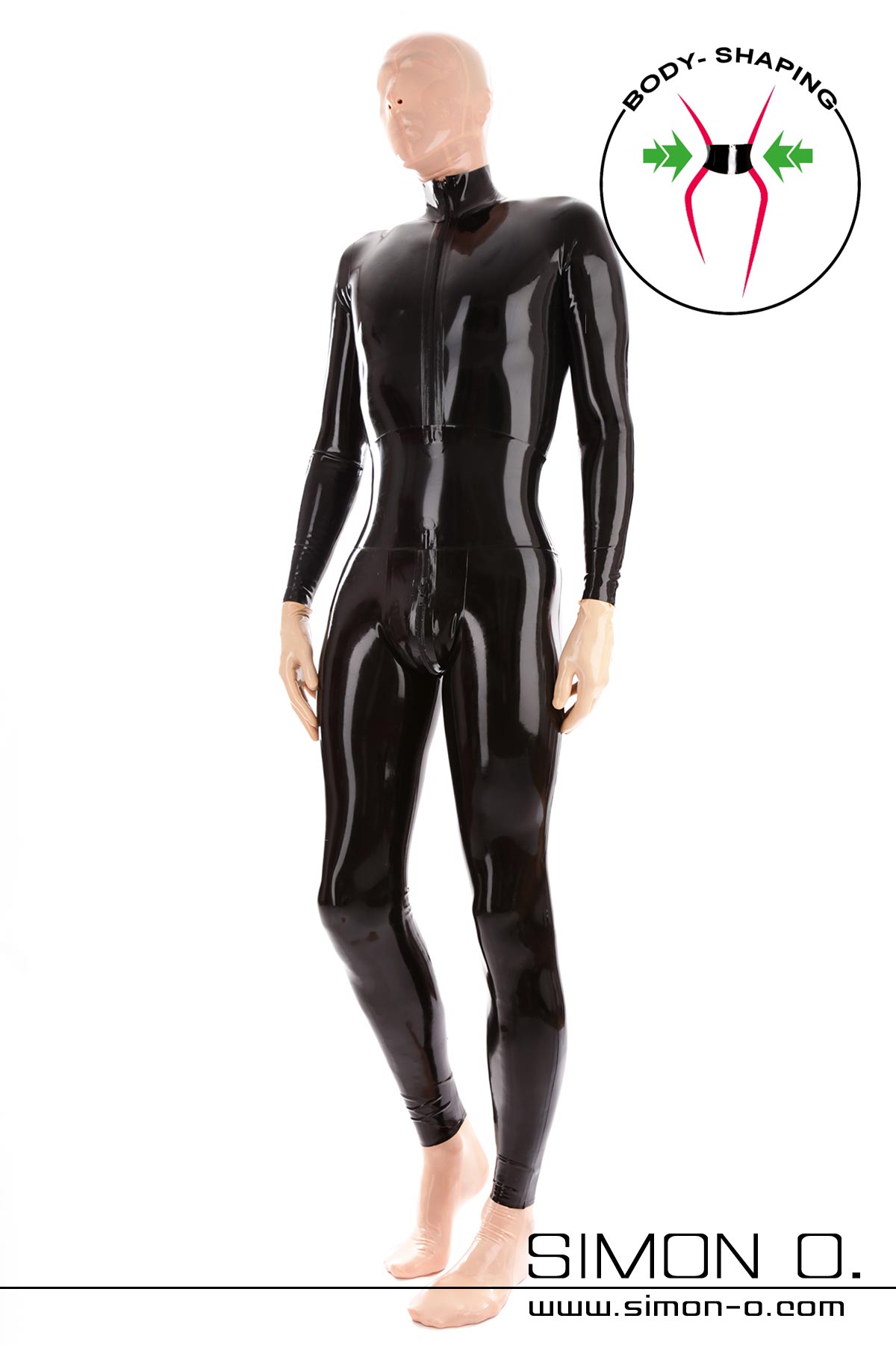 Black latex catsuit with integrated corset A man wears a latex catsuit with an integrated corset in black and a latex mask, latex gloves and socks in skin coloursnn