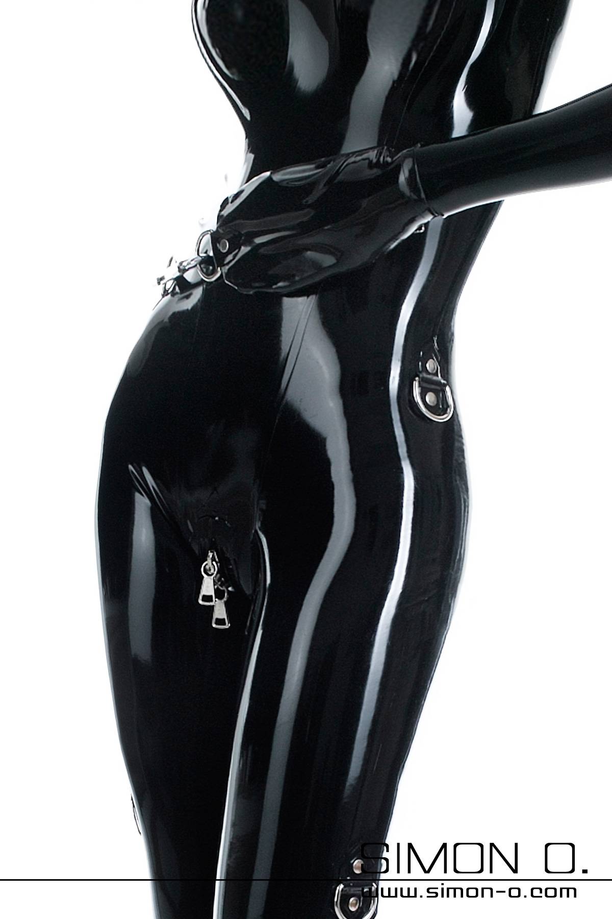 Absperrbarer Latex Bondage Catsuit in Schwarz Absperrbarer Damen Latex Bondage Catsuit in Schwarz mit Fäustlingen Detail