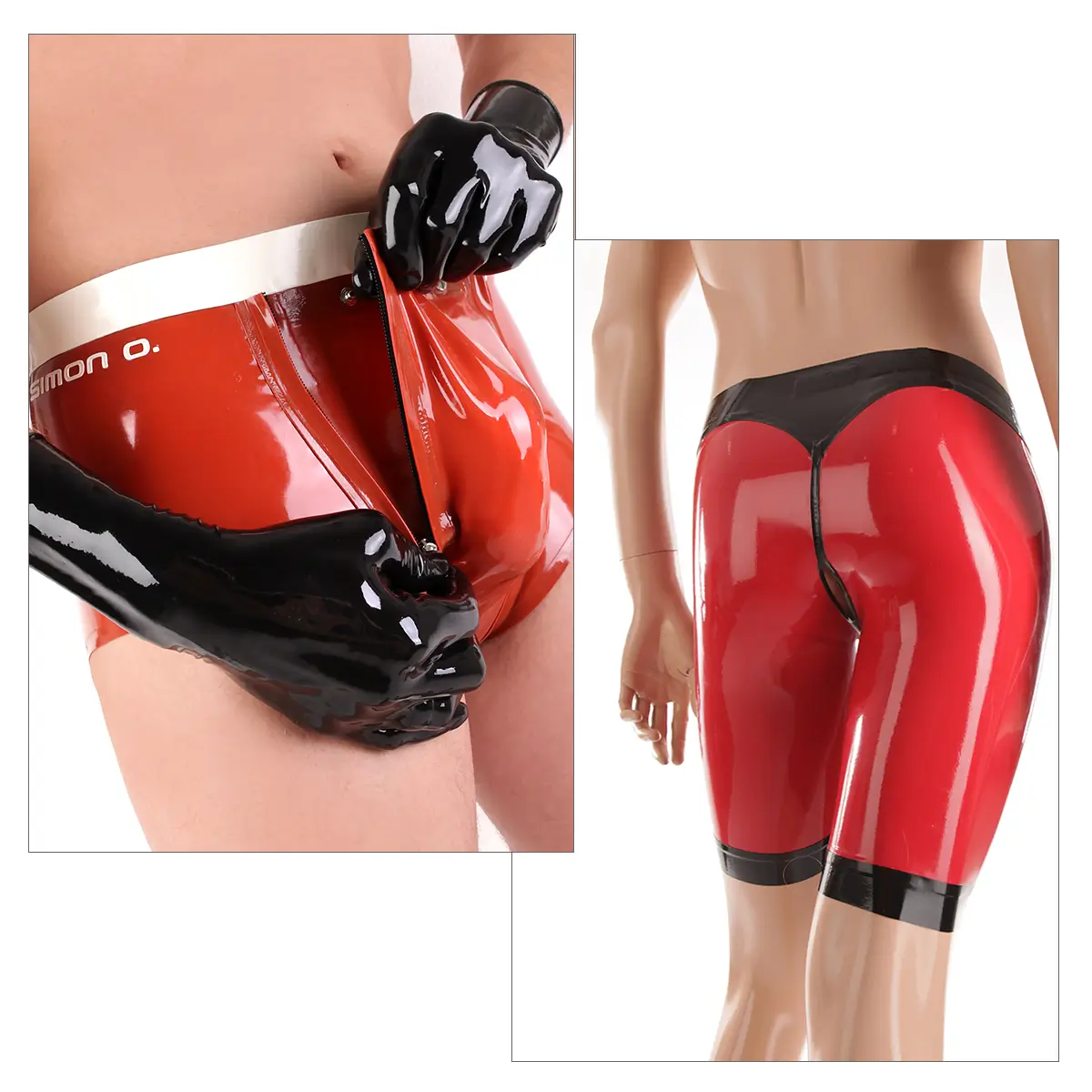 Latex underwear for men Red latex underwear shorts with black trim; one has a zip at the front, the other shows the back with an anal opening.