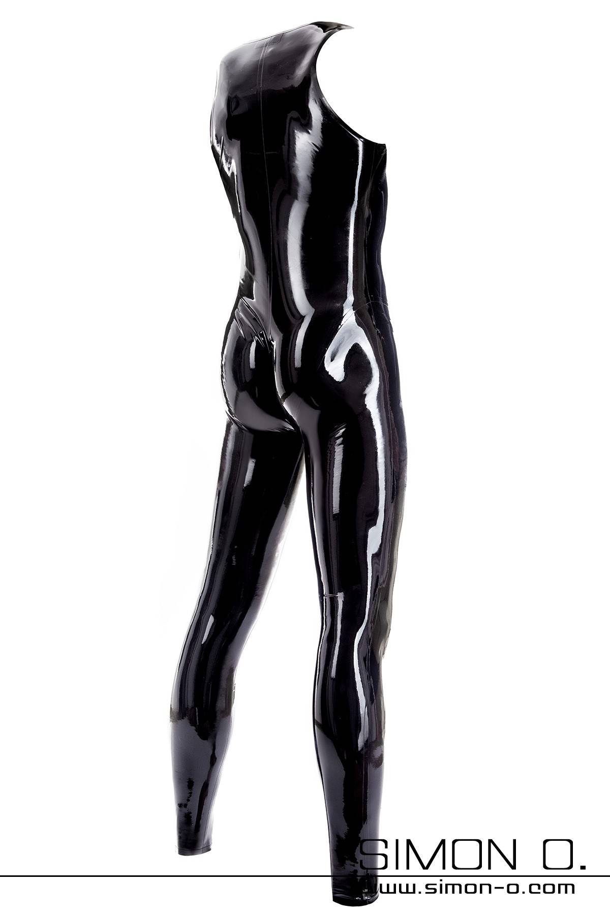Herren Latexanzug in Schwarz mit Rundausschnitt  Ein hautenger glänzender Latexanzug in Schwarz mit Rundausschnitt von hinten