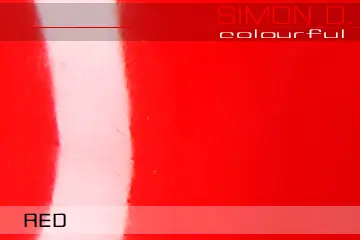 Rotes Latex Farbmuster Latex Farbmuster Rot für getauchte Latexkleidung. Der Text auf dem Latexfarbmuster lautet „Simon O. Colourful RED“.