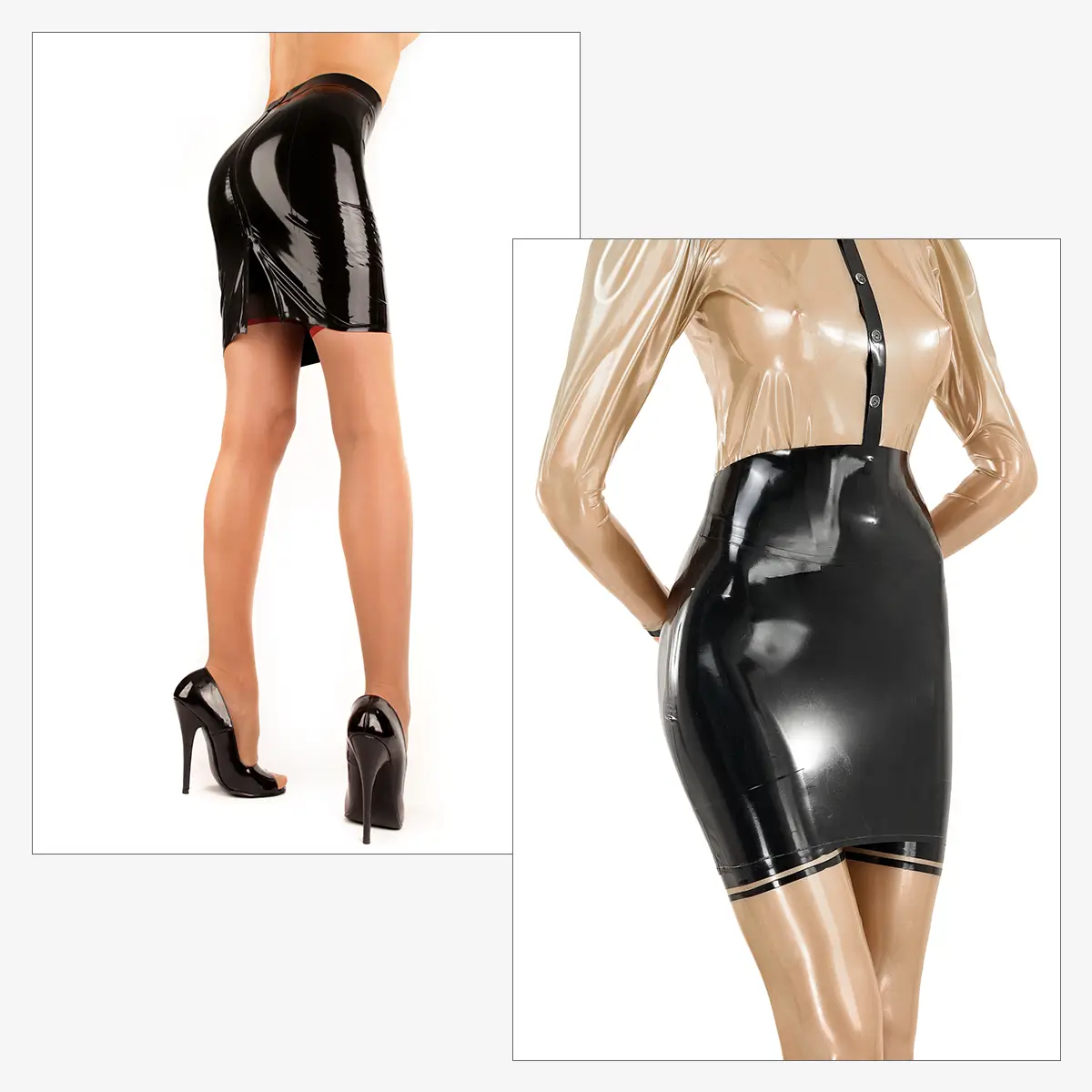 Deux photos montrent une personne portant une mini-jupe noire brillante en latex avec une taille haute ; l'une met en valeur l'arrière, l'autre montre l'avant avec un haut en latex transparent.