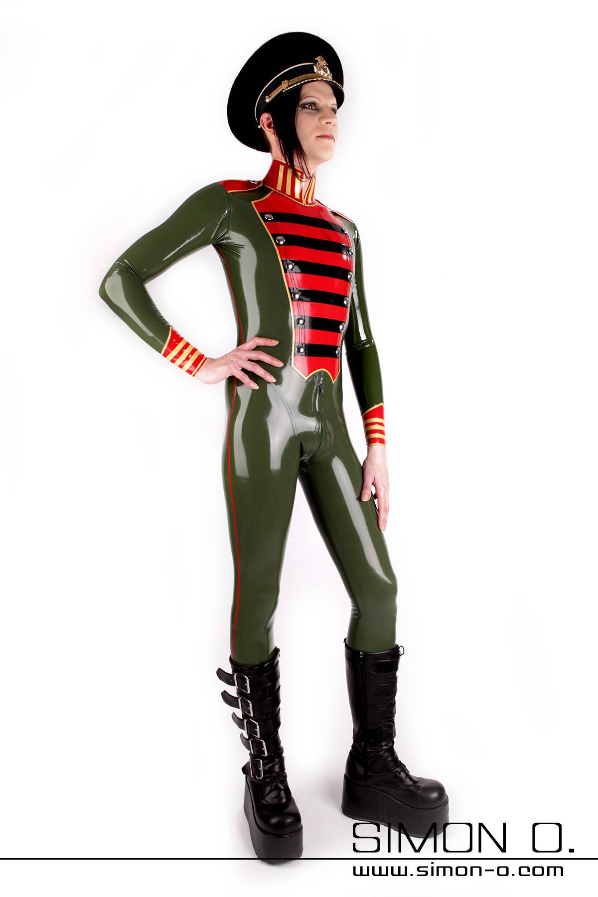 Latex jumpsuit for men in uniform style Latex jumpsuit for men in uniform style in olive green with black, red and gold appliqués
