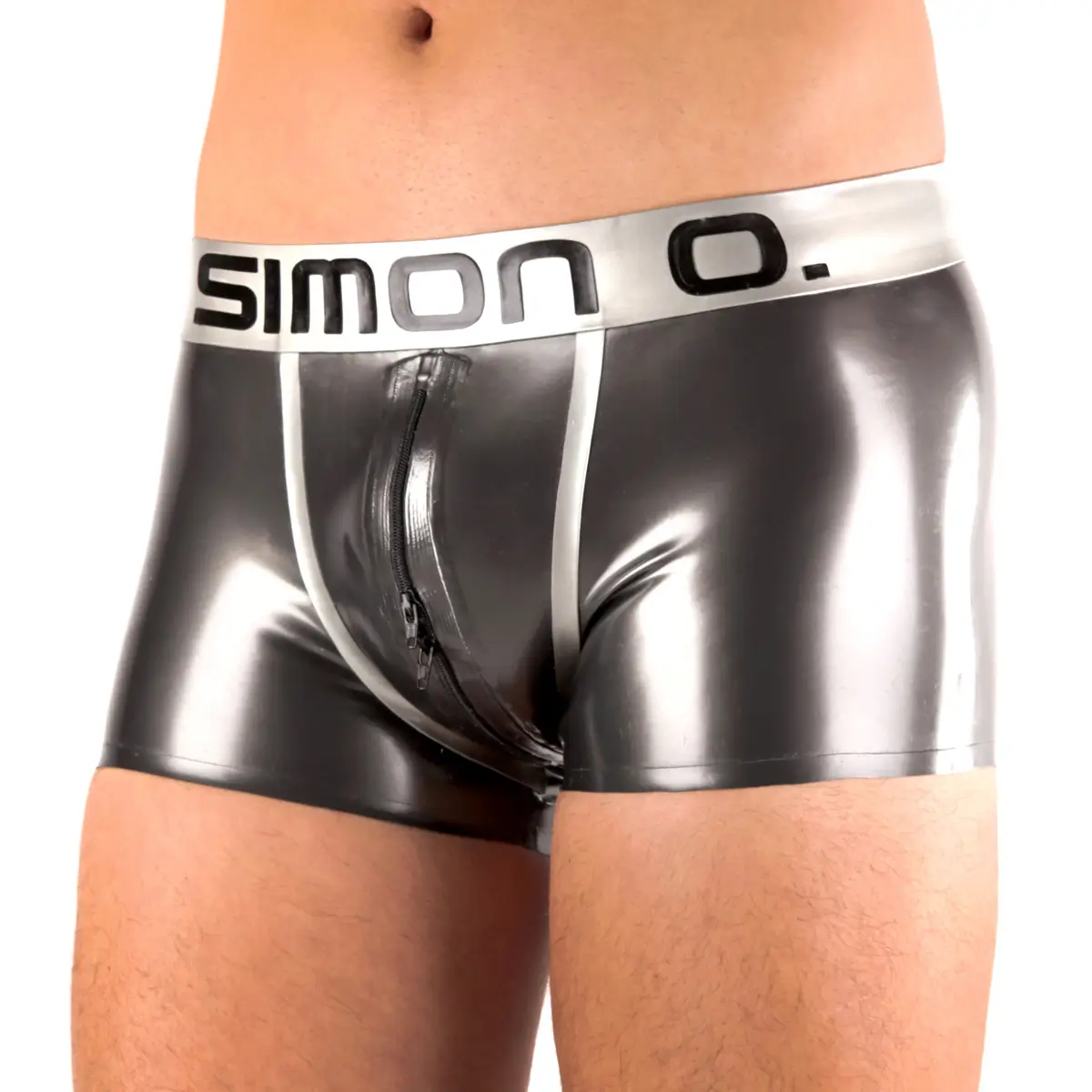Latex shorts with Simon O. logo One person is wearing metallic silver boxer-style latex shorts with a zip at the front and the brand name "SIMON O." on the waistband.