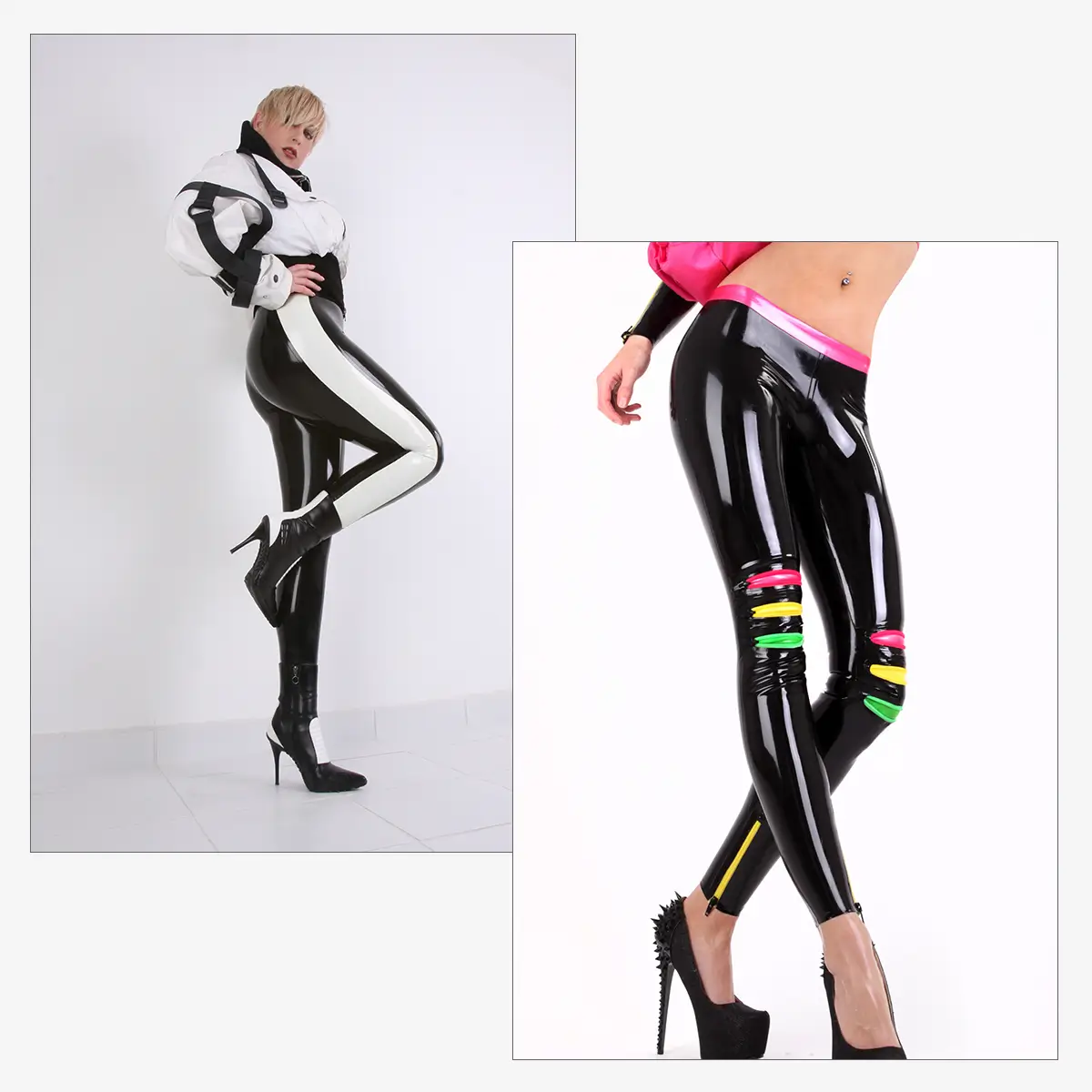 Zwei Fotos zeigen eine Frau in modischen Latex-Leggings mit Reißverschluss, einem langärmligen Crop-Top, silbernen Plateau-Heels und einer knallpinken Tasche.