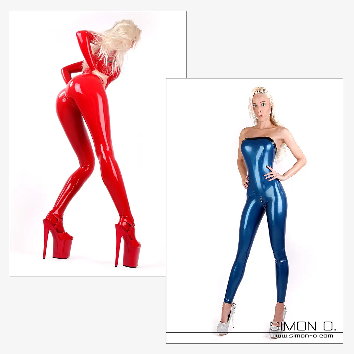Zwei Frauen posieren in glänzenden Latex-Catsuits; jedes Outfit zeichnet sich durch eine perfekte Passform eng anliegende Passform aus.