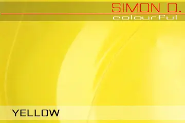 Gelbes Latex Farbmuster Latex Farbmuster Gelb für getauchte Latexkleidung. Der Text auf dem Latexfarbmuster lautet „Simon O. Colourful YELLOW“.