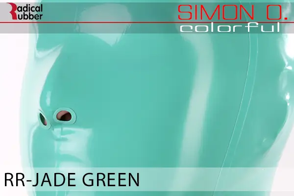 Jade Green Latex Farbmuster Jade Green für Latexkleidung. Nahaufnahme einer Latexmaske. Der Text lautet „Radical Rubber“ und „Simon O. Colourful RR-Jade Green“.