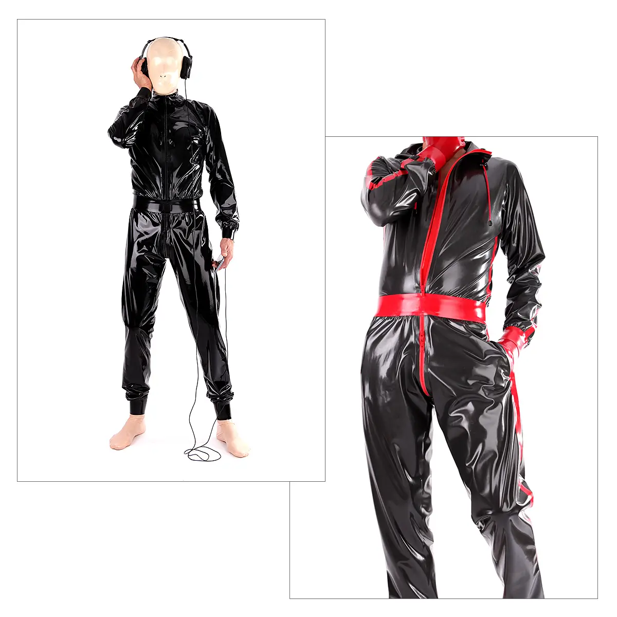 Person wearing a black and red latex suit with hood, headphones and mask and holding a cord in his hand; the second picture shows details of the suit in close-up.