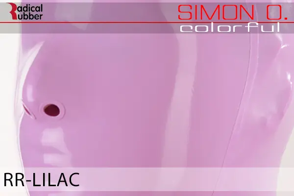 Lilac Latex Farbmuster Lilac für Latexkleidung. Nahaufnahme einer Latexmaske. Der Text lautet „Radical Rubber“ und „Simon O. Colourful RR-Lilac“.