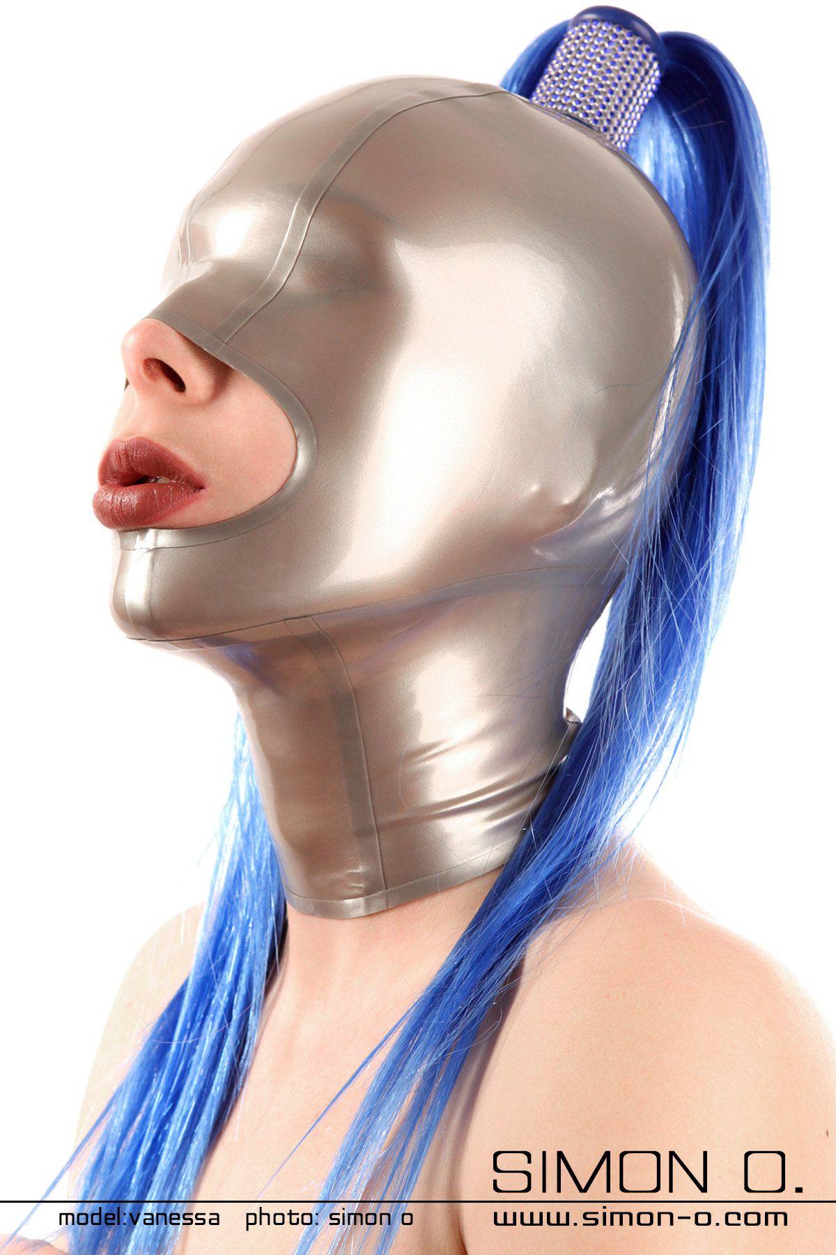 latex slave mask with ponytail Women with Latex hood cateye shape with red mouth and ponytail in blond