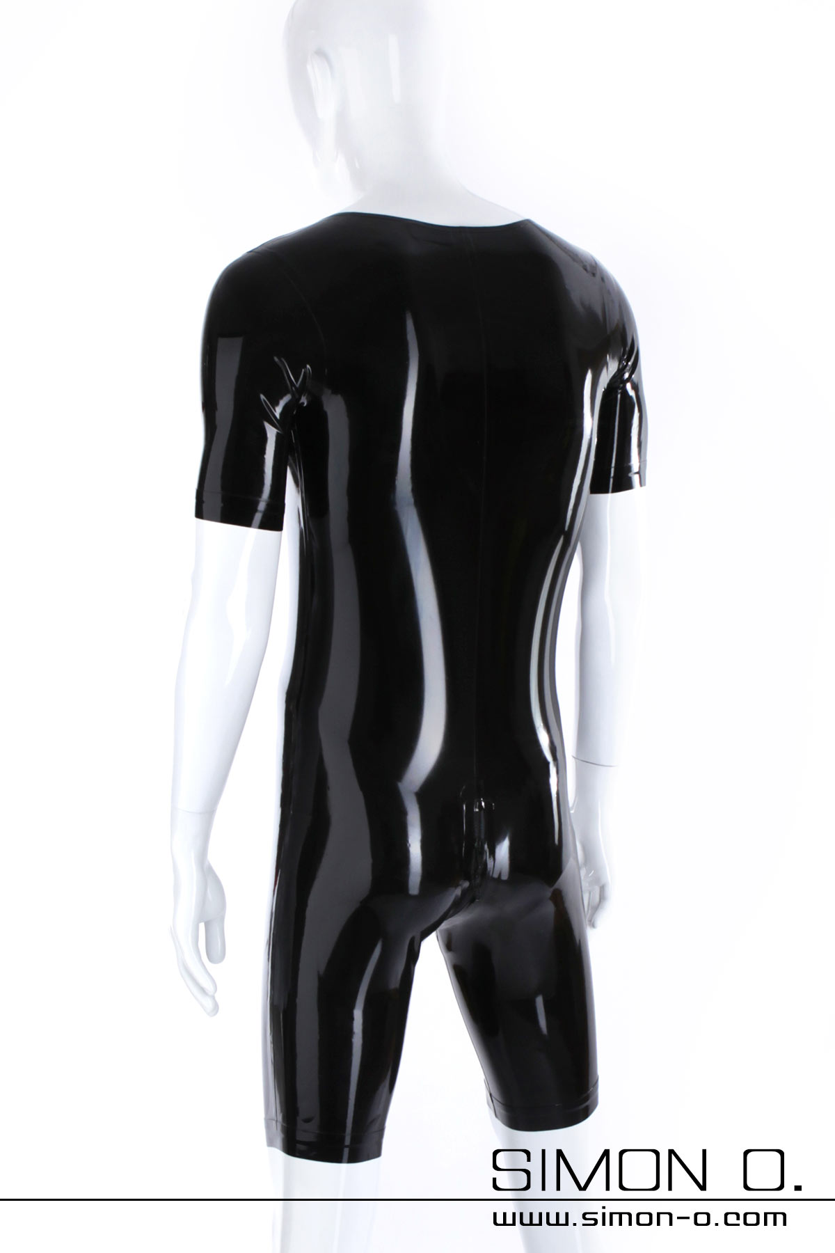 Kurzarm Latex Body in Schwarz Schwarzer hautenger Latex Body mit Rundausschnitt und Zipp im Schritt von hinten gesehen