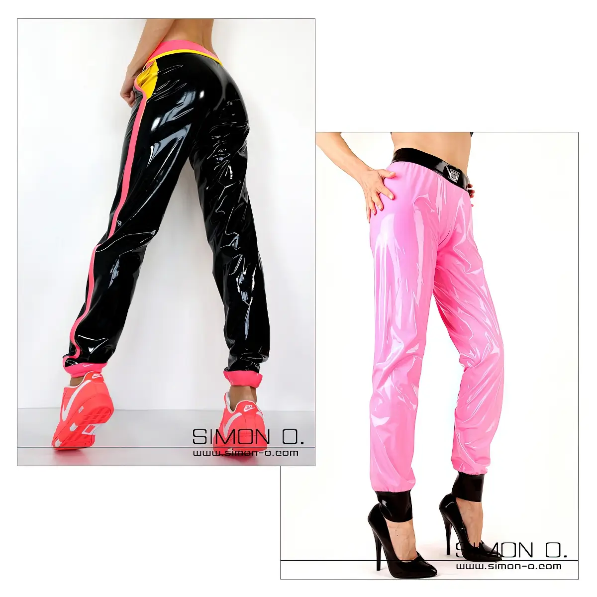 Zwei Frauen in Latex-Jogginghosen; eine in Schwarz mit rosa und gelben Akzenten, die andere in Rosa mit schwarzem Bund und Knöchelbündchen.