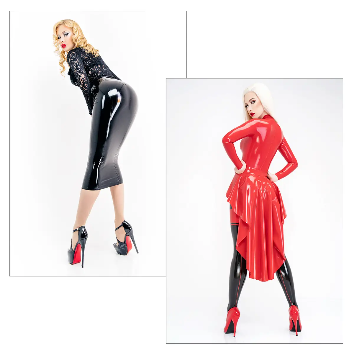 Lange Damen Latex Röcke Zwei Frauen posieren in langen Latex Röcken und High Heels; die eine trägt einen schwarzen Rock und ein Spitzentop, die andere ein roten langen Latex Rock.